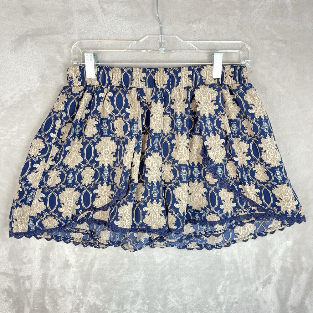 Maude Paisley Print Shorts Size L Blue Tan Boho Lace Trim Stretch Baroque